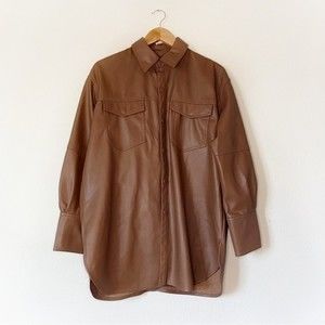 Zara Brown Faux Leather Shirt Jacket Shacket Top Size Small